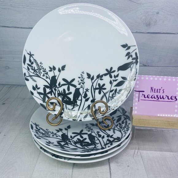 Smith And Hawken BLACK BIRDFloral White Ceramic Round Dinner Plates Set 4 NEW